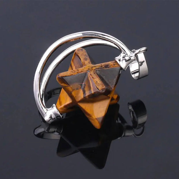 Collier Merkaba en œil de tigre et lune en demi-cercle - Mes Bijoux En Pierres Naturelles