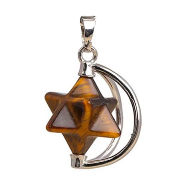 Collier Merkaba en œil de tigre et lune en demi-cercle - Mes Bijoux En Pierres Naturelles