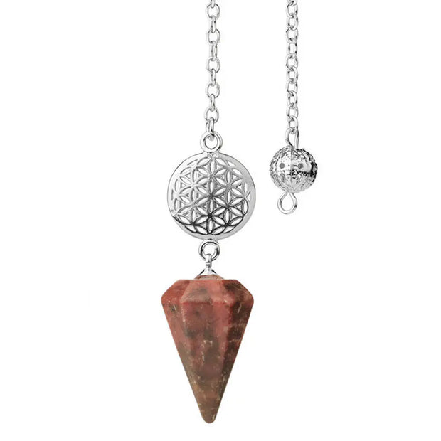 Collier pendentif en rhodonite motif fleur de vie - Mes Bijoux En Pierres Naturelles
