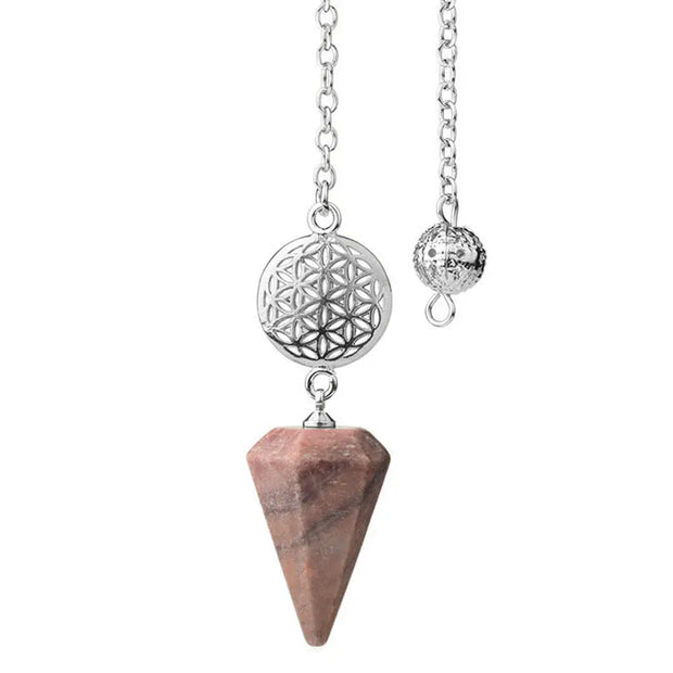 Collier pendentif en rhodonite motif fleur de vie - Mes Bijoux En Pierres Naturelles