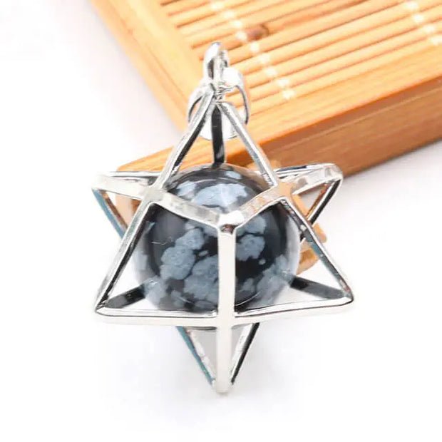 Amulette merkaba en obsidienne flocons de neige - Mes Bijoux En Pierres Naturelles